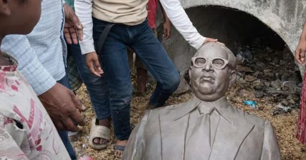 Dr Ambedkars statue uprooted and thrown under bridge
