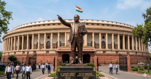 Dr Ambedkars finger pointing towards Parliament